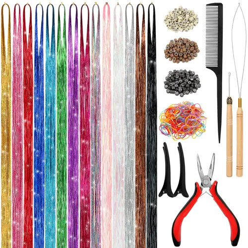 Kit de oropel para el cabello (48 pulgadas, 14 colores, 3500 hebras), extensiones de cabello de oropel con herramientas, kit de oropel de pelo de