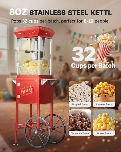 Miniatura 2 de Carro de máquina de palomitas de maíz mejorado de 8 oz, máquina de hacer palomitas de maíz que produce hasta 32 tazas, máquina de palomitas de cine