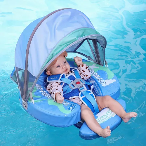 Miniatura 5 de Mambobaby - Flotador con cola y toldo para bebé, anillo de natación para cintura infantil, entrenador de natación y flotador no inflable con correa