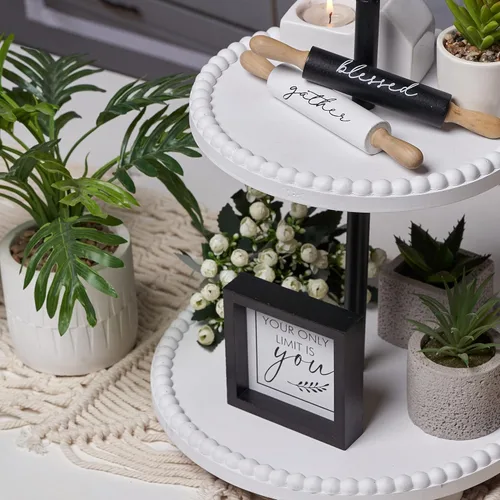 Miniatura 4 de Defined Deco Bandeja escalonada blanca con cuentas con 3 piezas de decoración de bandeja escalonada para decoración del hogar de granja, soporte