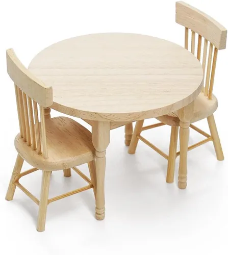 Miniatura 2 de Odoria Mesa de comedor en miniatura 1/12 y 2 sillas, accesorios para muebles de cocina, Burlywood