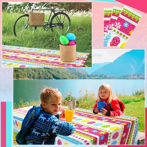 Miniatura 5 de Oudain 12 manteles de fiesta de Pascua a granel, cubierta de mesa de huevos de Pascua de plástico desechable, mantel de conejo colorido