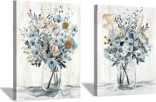Hardy Gallery Impresiones artísticas en lienzo floral para pared: ramo de flores abstractas en botella de vidrio, impresión de imagen en lienzo,