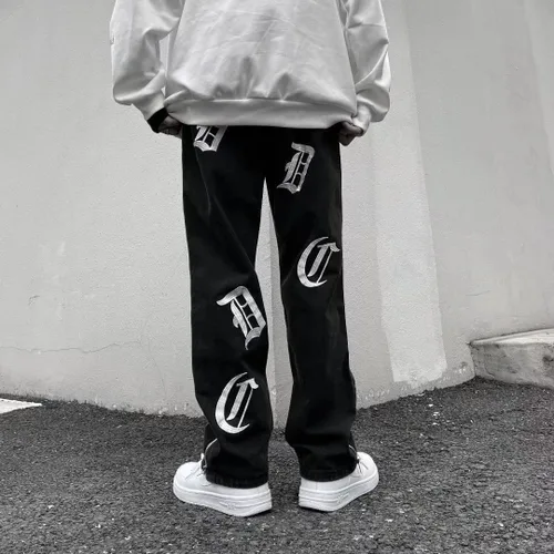 Miniatura 2 de Pantalones de mezclilla de pierna recta bordados con letras para hombre, sueltos, retro, casuales, de pierna ancha, pantalones de calle para hombre