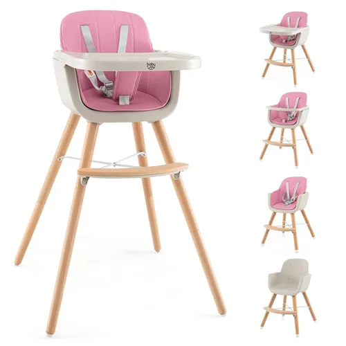 Miniatura 14 de BABY JOY Trona convertible para bebé, 3 en 1, silla alta de madera/asiento elevador/silla con bandeja extraíble, patas ajustables, arnés de 5