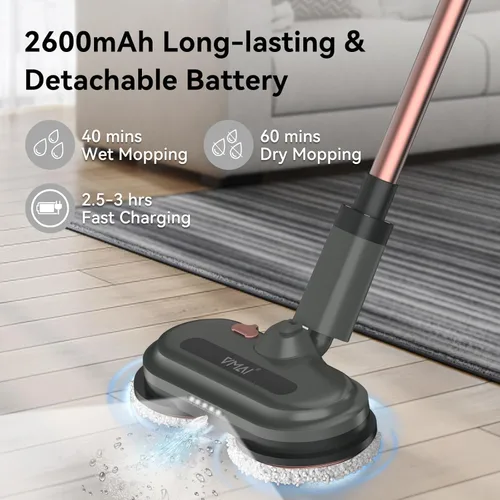 Miniatura 2 de Trapeador eléctrico inalámbrico, limpiador de piso eléctrico con rociador de agua y faros LED, hasta 60 minutos de duración, potente trapeador Marrón