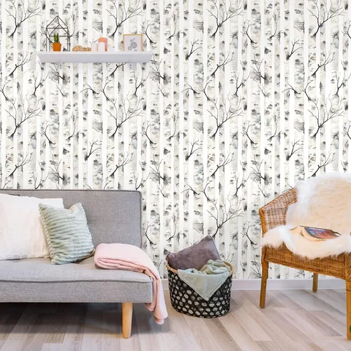Miniatura 9 de VEELIKE Papel tapiz de abedul para despegar y pegar, papel de contacto rústico de abedul de 17.7 x 354 pulgadas, mural de pared extraíble de bosque