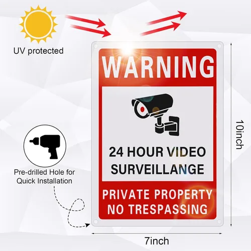 Miniatura 3 de Letrero de 4 piezas con texto en inglés "Smile You're on Camera Sign" y Private Property No Trespassing Video Vigilancia Impreso UV de 40 mil