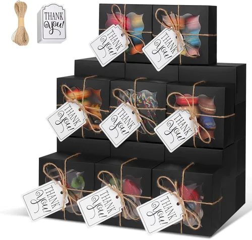 Miniatura 25 de KPOSIYA 60 cajas de panadería negras con ventana, cajas individuales de 4 x 4 x 2.5 pulgadas, caja de regalo de papel kraft negro para pasteles