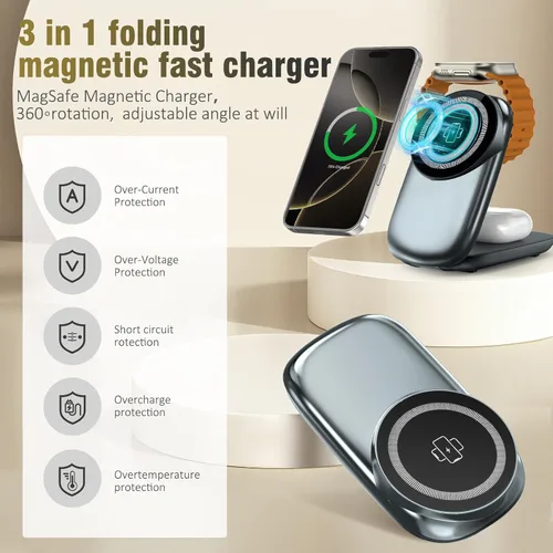 Miniatura 4 de Estación de carga plegable 3 en 1 para iPhone 16e/16/15/14/13/12 compatible con Apple Watch 10/9/8/7/6/5/4/3 Ultra, estación de carga inalámbrica