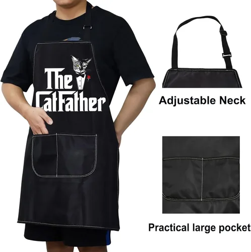 Miniatura 4 de WZMPA Divertido delantal de cocina Catfather con bolsillos, regalo para papá y gato, delantal ajustable para cocinar, hornear, asar a la parrilla