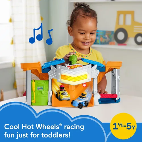 Miniatura 2 de Fisher-Price Little People Hot Wheels Set de Pista de Carreras y Juego de Vehículos para Niños Pequeños con Luces, Sonidos y 2 Autos para Juego