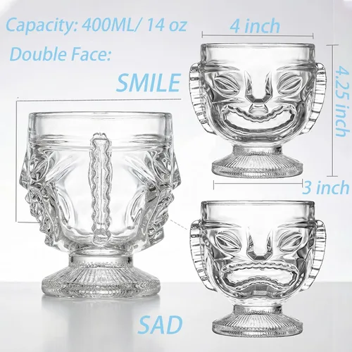 Miniatura 2 de TOPZEA Paquete de 4 vasos Tiki de 14 onzas, juego de tazas Tiki transparentes modernas, vasos de cóctel de bar, tazas hawaianas para fiesta Luau