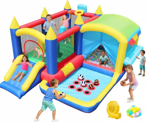Casa inflable de la despedida con el pozo de bolas y la tienda, castillo animoso 7 en 1 W/soplador | Gran casa de salto con baloncesto, boxeo,