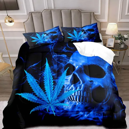 Miniatura 12 de LUVIVIHOME Juego de edredón de 3 piezas de calavera, tamaño King, negro, cuervo, murciélago, telaraña, esqueleto, gótico, calavera, blanco