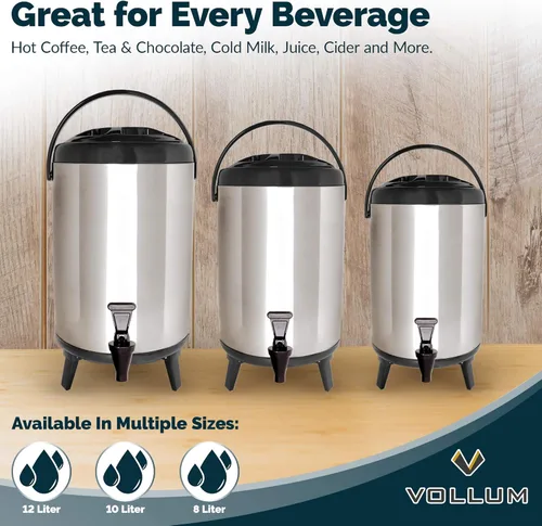 Miniatura 5 de Vollum - Dispensador de bebidas aislado de acero inoxidable – Jarra térmica aislada para café caliente y frío – Dispensador de 8 litros con grifo