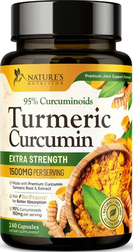 Suplemento de curcumina de cúrcuma de 1500 mg, pimienta negra orgánica tumérica y bioperina para una mejor absorción con 95% de curcuminoides, apoyo