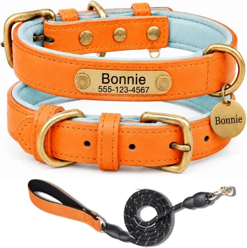 Miniatura 12 de Collar de cuero para perro personalizado y juego de correa, personalizado con diseño acolchado suave y resistente con placa de nombre grabada
