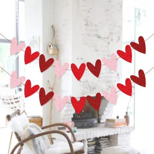 Miniatura 4 de XIANMU Paquete de 2 guirnaldas de corazón con purpurina para decoración del día de San Valentín, diseño romántico de corazón para aniversario, boda