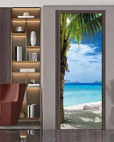 Miniatura 5 de FLFK Adhesivo de puerta - Playa y palmera, mural de pelar y pegar, tamaño combinado 36"x80", dividido en 2 piezas Mt2219