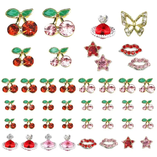 Miniatura 15 de 40 dijes de uñas de cereza 3D con diamantes de imitación para arte de uñas, gemas brillantes con brillantina para uñas, rebanadas de uñas kawaii