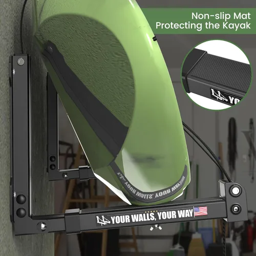 Miniatura 3 de GanFindX Estante de pared plegable para kayak, resistente de 11.8 a 17 pulgadas, soporte de almacenamiento de kayak y correas de hebilla de Negro