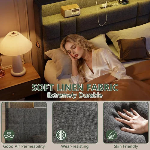 Miniatura 8 de Forestell Base de cama Queen con 4 cajones y cabecera de almacenamiento, base de cama tapizada gris tamaño Queen con estación de carga y luces LED
