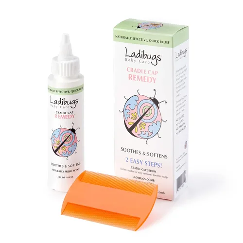 Ladibugs Baby Care - Kit de remedio para cuna de 2 pasos, 3 onzas, incluye suero de cuna y peine de dientes finos, elimina eficazmente escamas y