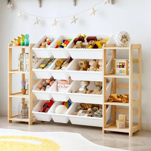 MallBest Organizador de almacenamiento de juguetes extra ancho con 12 contenedores y estantes dobles, estante de madera de pino maciza para niños y