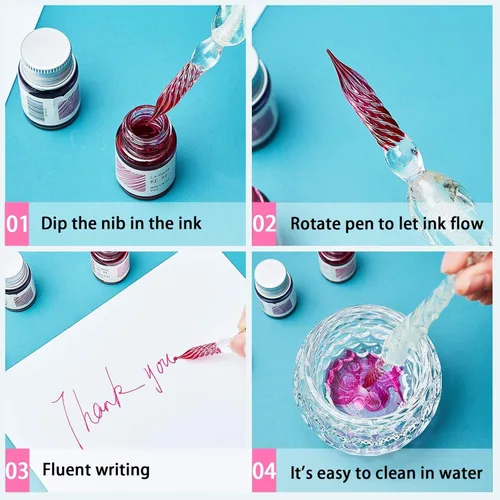 Miniatura 5 de Juego de bolígrafos de inmersión de vidrio, bolígrafo de caligrafía, bolígrafo de firma de cristal para arte, escritura, firmas, decoración y regalo