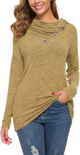 Miniatura 5 de WEACZZY Blusa túnica de manga larga con botones, cuello drapeado, informal, holgada para mujer.