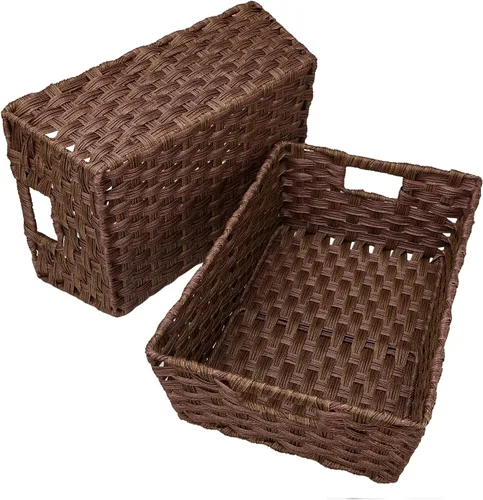 Miniatura 3 de Onlytak Cesta grande de almacenamiento de mimbre, marco de metal, juego de 2, lavable impermeable, 15 x 10.3 x 5.2 pulgadas, color marrón, cesta