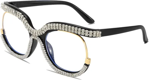 LJCZKA Gafas de bloqueo de luz azul de gran tamaño para mujer, con diamantes de imitación, anti luz azul, lentes de diamante antifatiga ocular