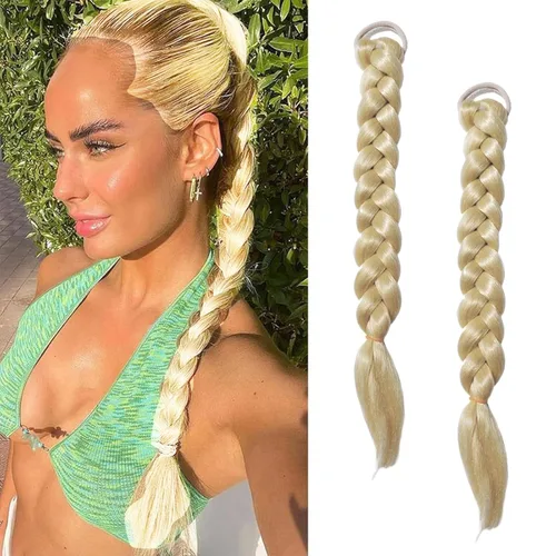 Miniatura 28 de 2 paquetes de 16 pulgadas de extensión de cola de caballo trenzada larga negra para mujeres negras con banda elástica, trenzado recto, extensiones