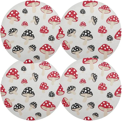 Miniatura 2 de Stylized Red Black Mushrooms Dinner Table Placemats, Non Slip Placemats Round Washable for Kitchen Table one sizex6