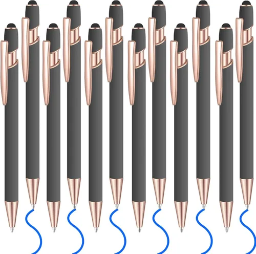Miniatura 20 de 12 bolígrafos de tinta azul con punta de lápiz capacitivo, bolígrafo de metal de 0.039 pulgadas para pantallas táctiles, 2 en 1, regalo para amigos
