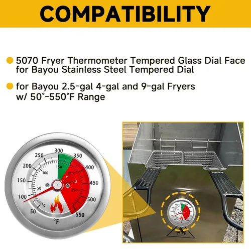 Miniatura 3 de Termómetro de freidora 5070 mejorado de repuesto para freidoras Bayou de 2.5/4/9 galones, termómetro de aceite de 50-550 °F con cuerpo de acero