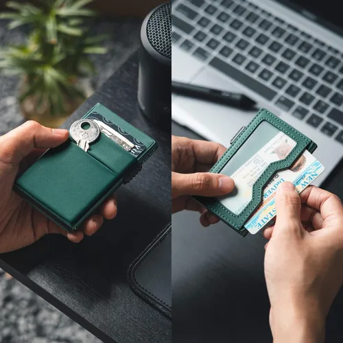 Miniatura 26 de VULKIT Billetera minimalista con ventana de identificación y bolsillo EDC con bolsillo desplegable para tarjetas de crédito y bloqueo RFID, diseño