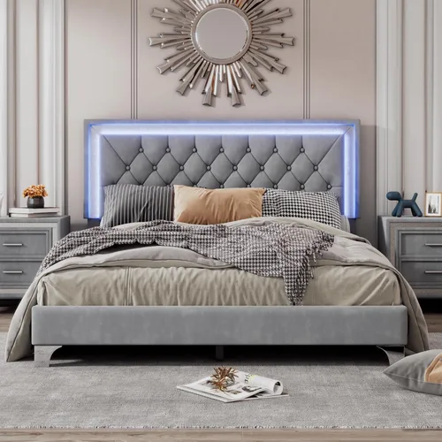 SOFTSEA Cama de tamaño Queen con luz LED, plataforma de terciopelo con cabecero copetudo para niños, adolescentes y adultos, cama de plataforma