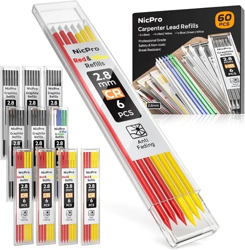 Nicpro 60 PIEZAS Recargas de Lápiz de Carpintero - Plomo de 2.8mm para Lápices Mecánicos, Construcción y Carpintería - Resistente a Romper (Negro,