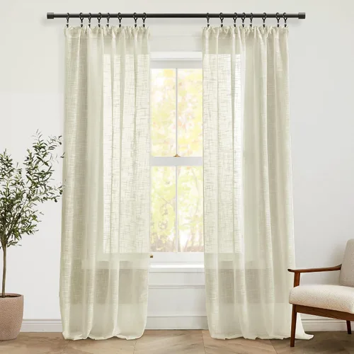 Cortinas ligeras de color beige tostado de 84 pulgadas de largo, estilo costero de playa, aspecto de lino tejido, textura neutra, cortinas de granja