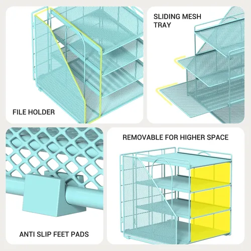 Miniatura 5 de Organizador de archivos de escritorio azul y accesorios, organizador de papel de 4 niveles con soporte para archivos vertical, accesorios de Azul