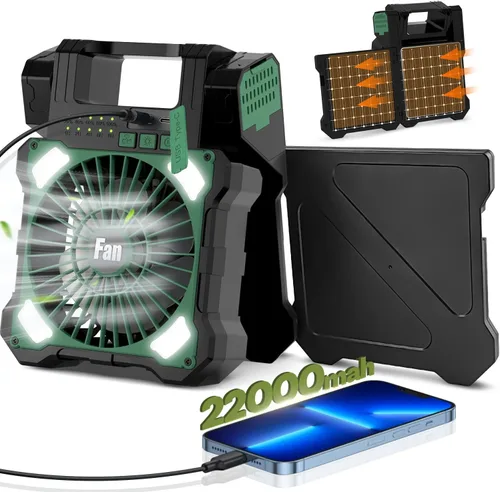Miniatura 9 de Ventilador solar de campamento de 25000 mAh, ventilador solar recargable de oscilación de 120° con luz LED, 6 velocidades ajustables, ventiladores