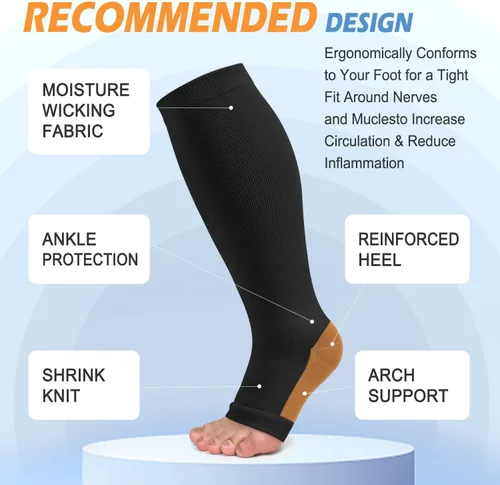 Miniatura 4 de Paquete de 3 calcetines de compresión de cobre para mujeres y hombres, 20-30 mmHg con punta abierta hasta la rodilla, medias altas para soporte