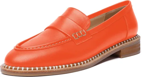 Miniatura 9 de FOGEENA Mocasines de cuero mate para mujer, estilo casual, sin cordones, punta redonda, tacón bajo grueso, zapatos de vestir de 1 pulgada