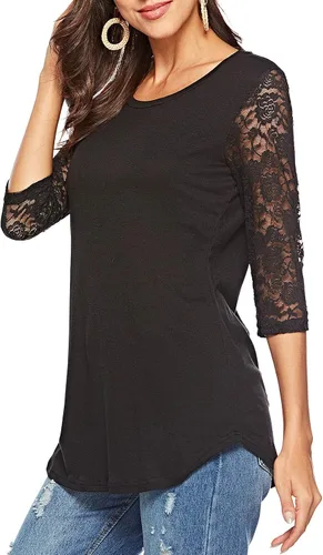 Miniatura 3 de Camiseta de manga de encaje 34 con cuello redondo para mujer, blusas casuales tipo túnica