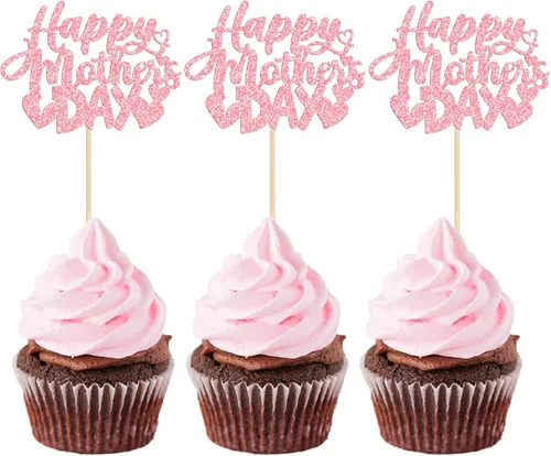 Miniatura 14 de Gyufise 1 pieza de decoración de pastel para el Día de la Madre con purpurina de corazón Love You Mom Cake Pick Rose Flower Best Mom Cupcake Decor