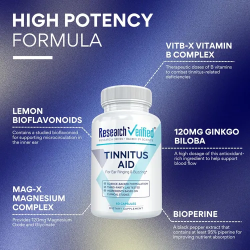 Miniatura 3 de Research Verified Ayuda para el tinnitus - Disminuye el timbre interno - Ginkgo Biloba, vitamina C, mezcla de complejo B de espectro completo