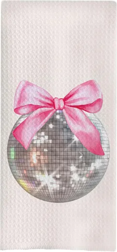 Toallas de Cocina Coquette con Lazo Rosa Bola de Discoteca, Toallas de Mano Preppy Rosa para Baño, Decoración de Baño Coquette Preppy, Toallas de
