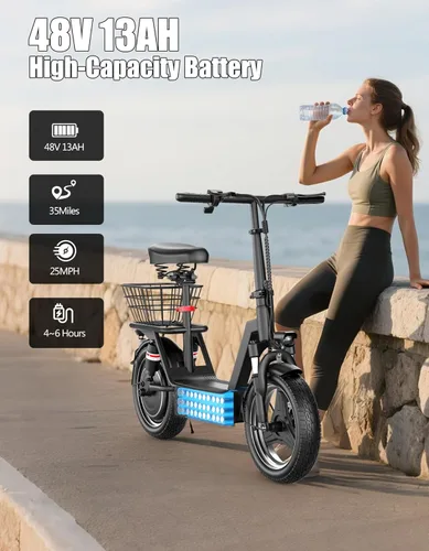 Miniatura 5 de Electric Scooter for Adults, 1000W Peak Motor, 35 Miles of Range Scooter with Seat, 25 MPH Top Speed, 48V 13Ah Battery, Dual Suspension, Foldable